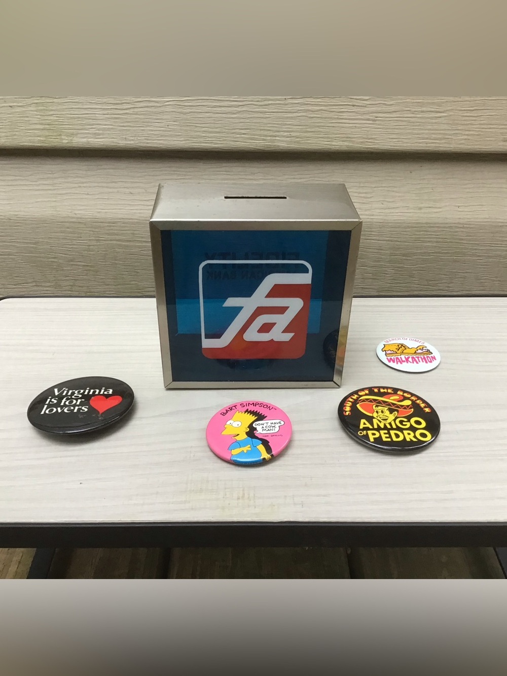 Vintage “Fidelity American Bank” Coin Bank & Fun Buttons